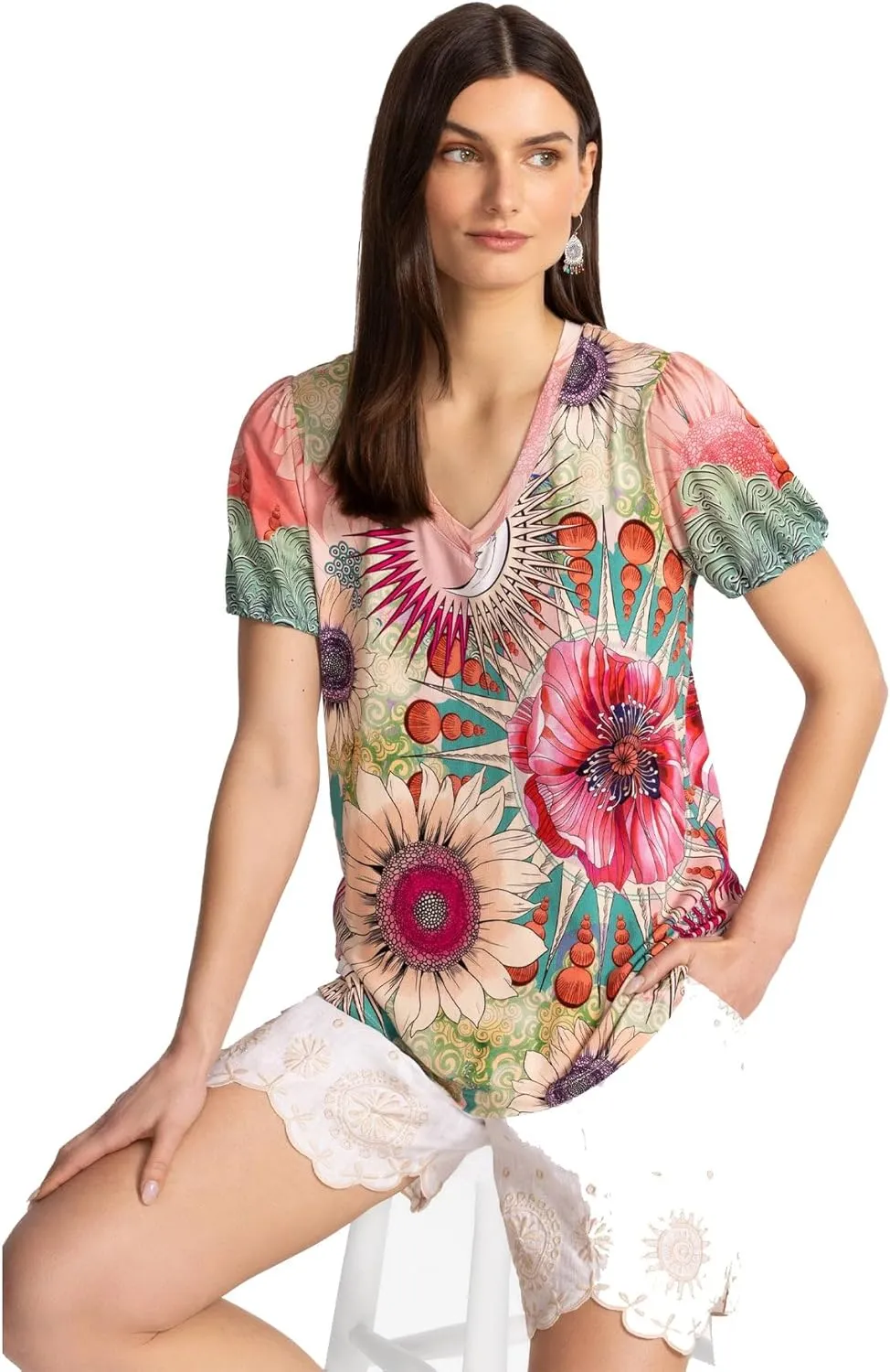 Johnny Was Women's The Janie Favorite V-Neck Puff Sleeve Tee-Emily