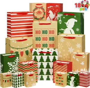 JOYIN 18 PCS Christmas Premium present Bags Assorted Sizes Creamy Kraft Style Prints (Small 5.5” Medium 9” Large 13”) for Xmas Party Favors Decoration, Holiday Present Wrap Décor