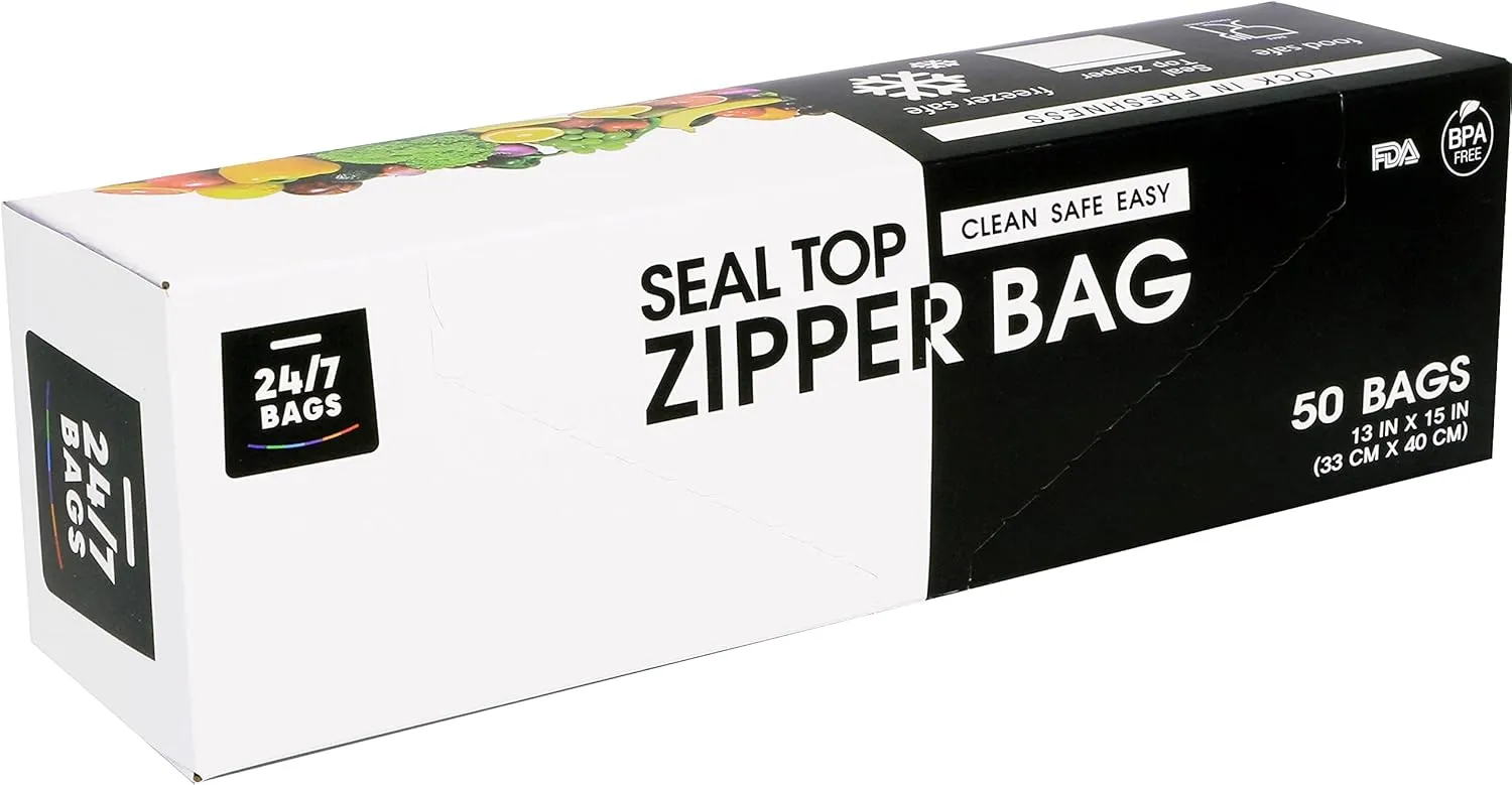 Jumbo 2 Gallon Storage Bags, Strong Double Zipper Seal, 50 Count, 2.5 Mil Thick, Microwave-Safe, BPA-Free, 1 Bulky Box