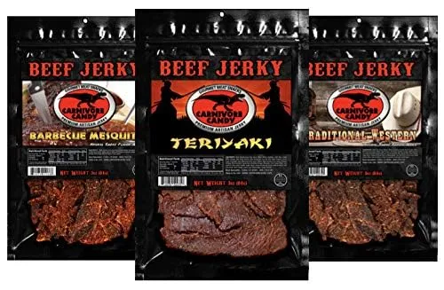 JURASSIC JERKY’S Carnivore Candy Beef Jerky, 3 Flavors Variety Pack, Teriyaki, Barbecue Mesquite and Traditional Western, Food on the Go, Full of Protein Lunch Snack Sticks (3 Oz - 3 bags)
