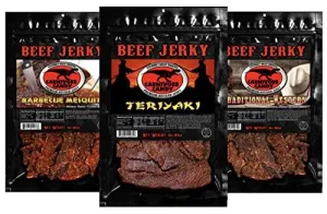 JURASSIC JERKY’S Carnivore Candy Beef Jerky, 3 Flavors Variety Pack, Teriyaki, Barbecue Mesquite and Traditional Western, Food on the Go, Full of Protein Lunch Snack Sticks (3 Oz - 3 bags)