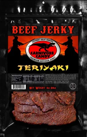 JURASSIC JERKY’S Carnivore Candy Beef Jerky, Flavors Variety Pack, Teriyaki, Barbecue Mesquite and Traditional Western, Food on the Go, Full of Protein Lunch Snack Sticks - (3) 3 oz bags.
