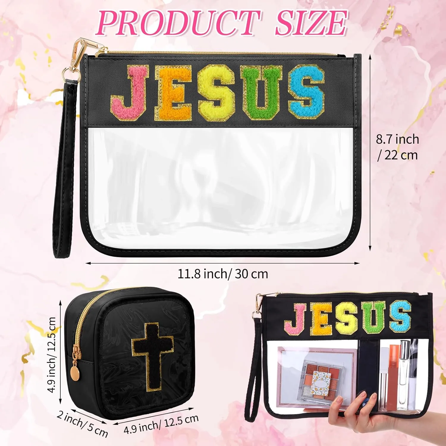 Kacctyen 2 Pcs Chenille Letter PVC Makeup Bag,Portable Preppy Patch with Zipper,Cosmetic Toiletry Travel Storage Medicine for Women Girls(Black)