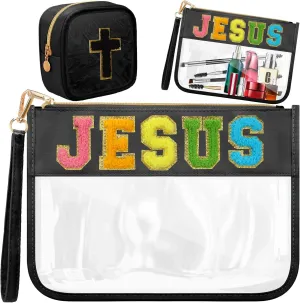 Kacctyen 2 Pcs Chenille Letter PVC Makeup Bag,Portable Preppy Patch with Zipper,Cosmetic Toiletry Travel Storage Medicine for Women Girls(Black)