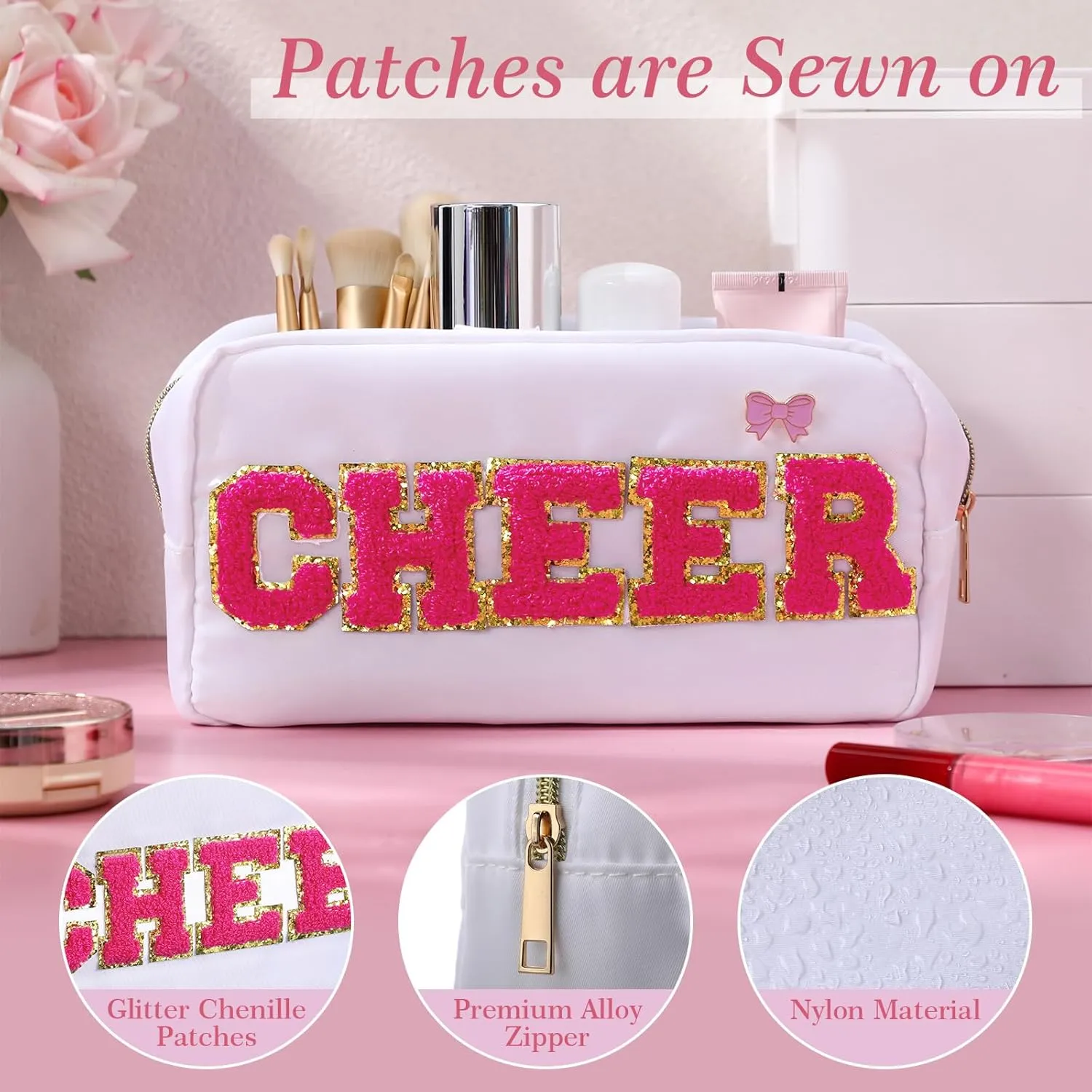 Kacctyen 6 Pcs Cheer Chenille Letter Makeup Bags with 6 Pcs Pins Appreciation Gift Preppy Patch Makeup Bag Nylon Teach Pouch for Work School Retirement Birthday