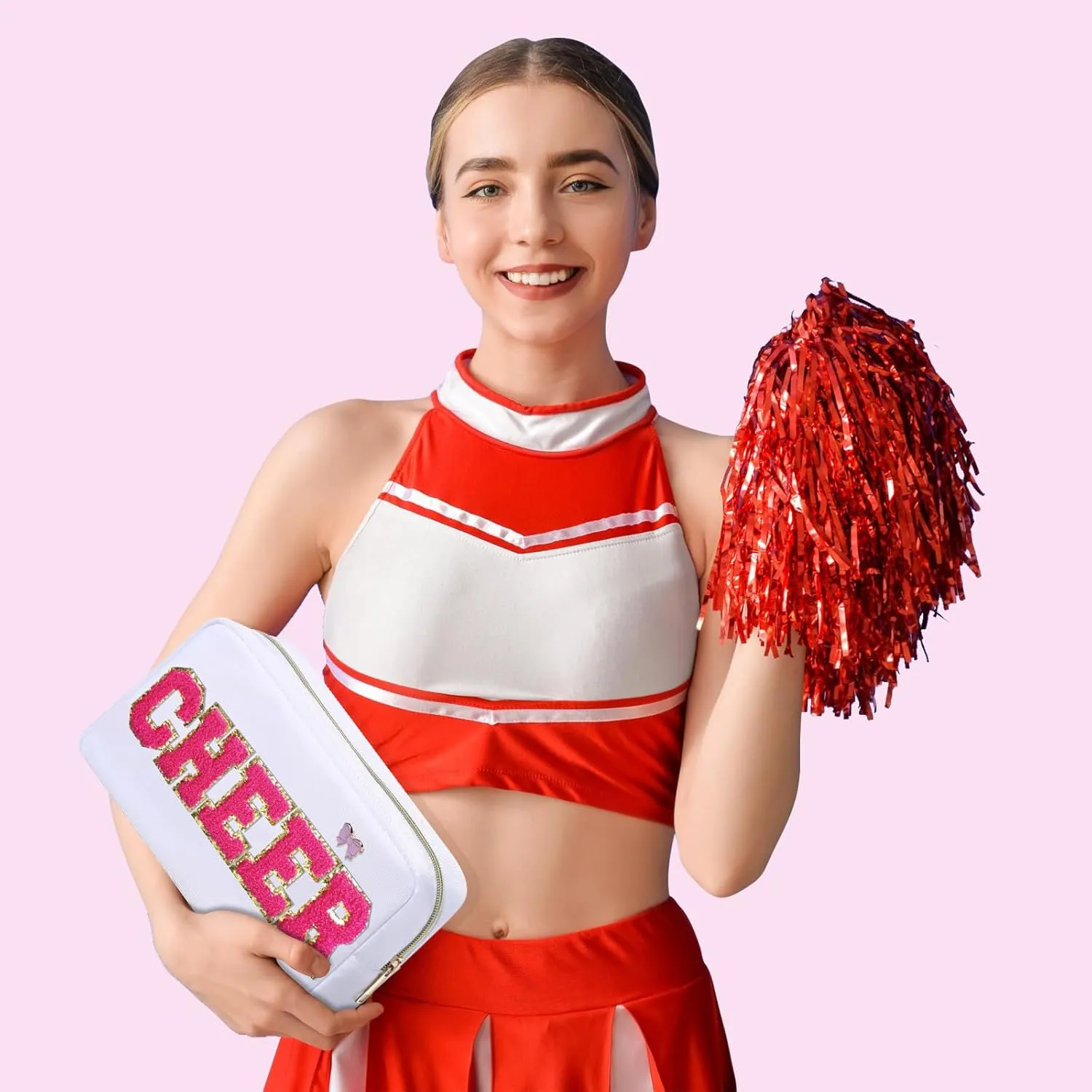 Kacctyen 6 Pcs Cheer Chenille Letter Makeup Bags with 6 Pcs Pins Appreciation Gift Preppy Patch Makeup Bag Nylon Teach Pouch for Work School Retirement Birthday