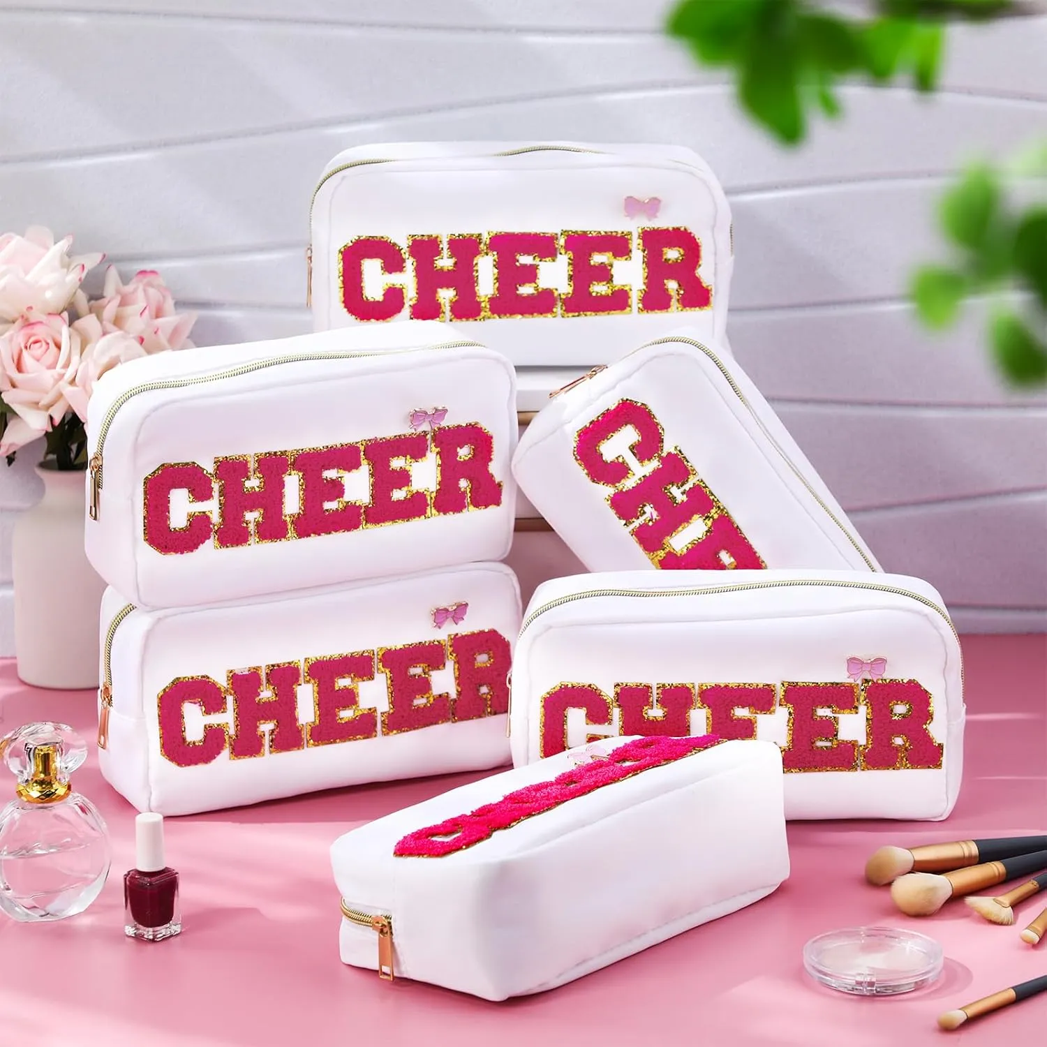 Kacctyen 6 Pcs Cheer Chenille Letter Makeup Bags with 6 Pcs Pins Appreciation Gift Preppy Patch Makeup Bag Nylon Teach Pouch for Work School Retirement Birthday