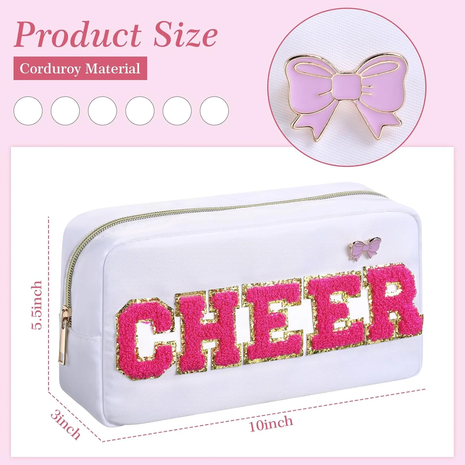Kacctyen 6 Pcs Cheer Chenille Letter Makeup Bags with 6 Pcs Pins Appreciation Gift Preppy Patch Makeup Bag Nylon Teach Pouch for Work School Retirement Birthday