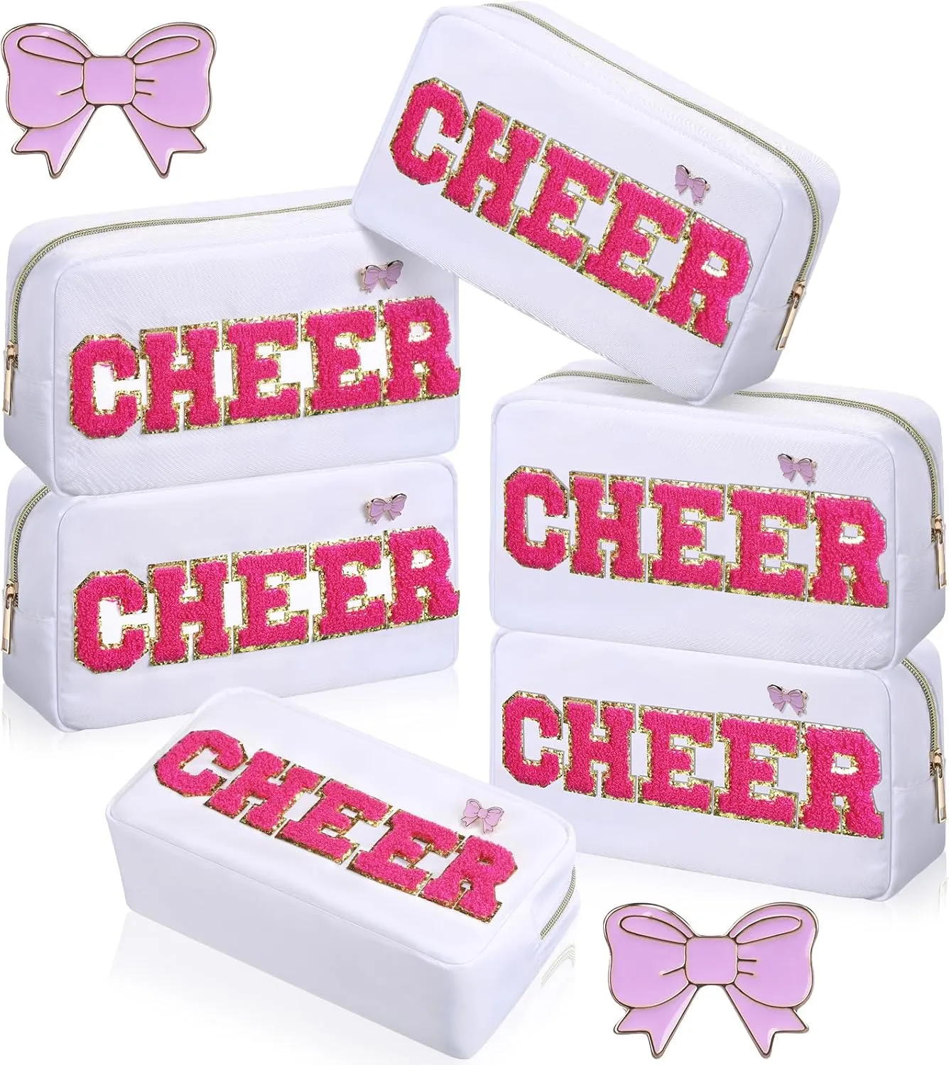 Kacctyen 6 Pcs Cheer Chenille Letter Makeup Bags with 6 Pcs Pins Appreciation Gift Preppy Patch Makeup Bag Nylon Teach Pouch for Work School Retirement Birthday