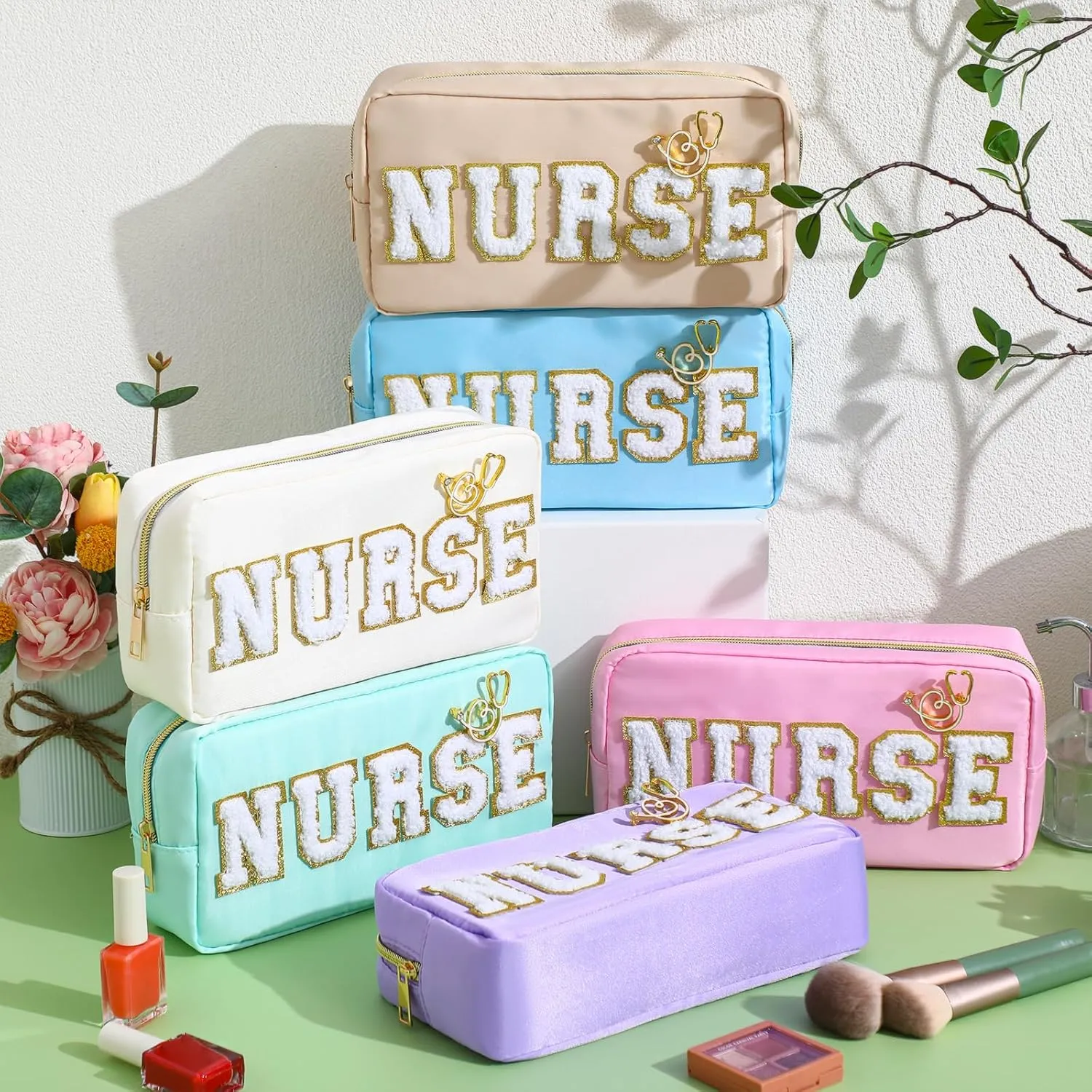 Kacctyen 6 Pcs Nurse Makeup Bag Bulk Nurse Chenille Letter Makeup Bags with 6 Pcs Nurse Pins Stethoscope Pin Nurse Appreciation Gift Preppy Patch Nylon Nurse Pouch for Work Birthday Party Gift