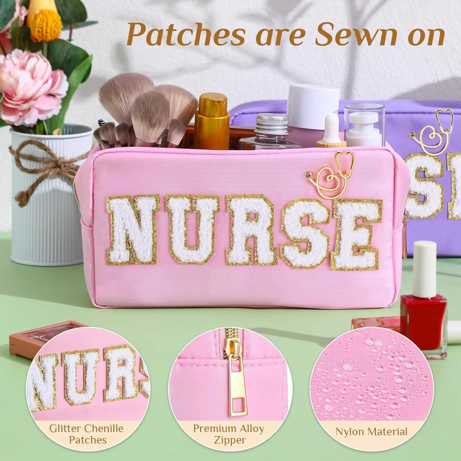 Kacctyen 6 Pcs Nurse Makeup Bag Bulk Nurse Chenille Letter Makeup Bags with 6 Pcs Nurse Pins Stethoscope Pin Nurse Appreciation Gift Preppy Patch Nylon Nurse Pouch for Work Birthday Party Gift