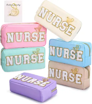 Kacctyen 6 Pcs Nurse Makeup Bag Bulk Nurse Chenille Letter Makeup Bags with 6 Pcs Nurse Pins Stethoscope Pin Nurse Appreciation Gift Preppy Patch Nylon Nurse Pouch for Work Birthday Party Gift
