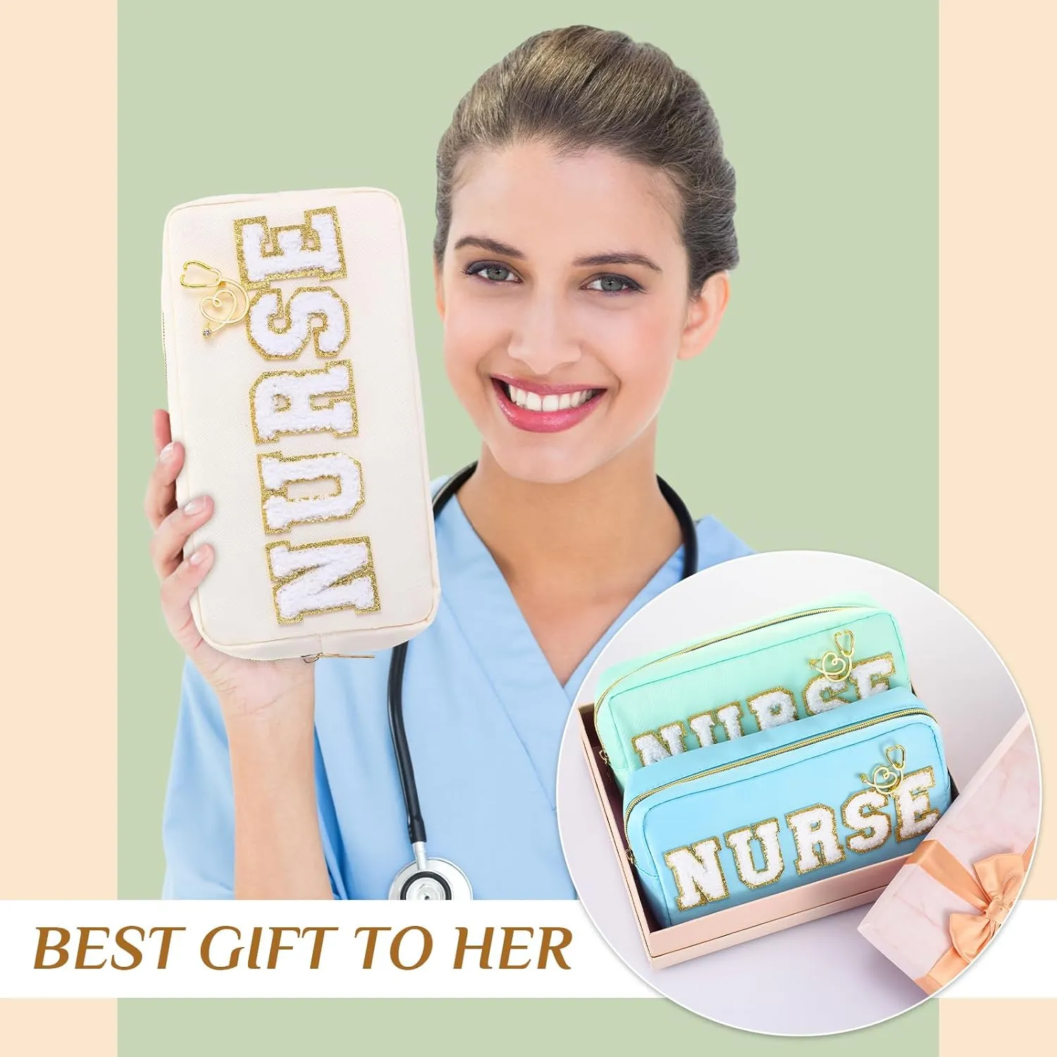 Kacctyen 6 Pcs Nurse Makeup Bag Bulk Nurse Chenille Letter Makeup Bags with 6 Pcs Nurse Pins Stethoscope Pin Nurse Appreciation Gift Preppy Patch Nylon Nurse Pouch for Work Birthday Party Gift