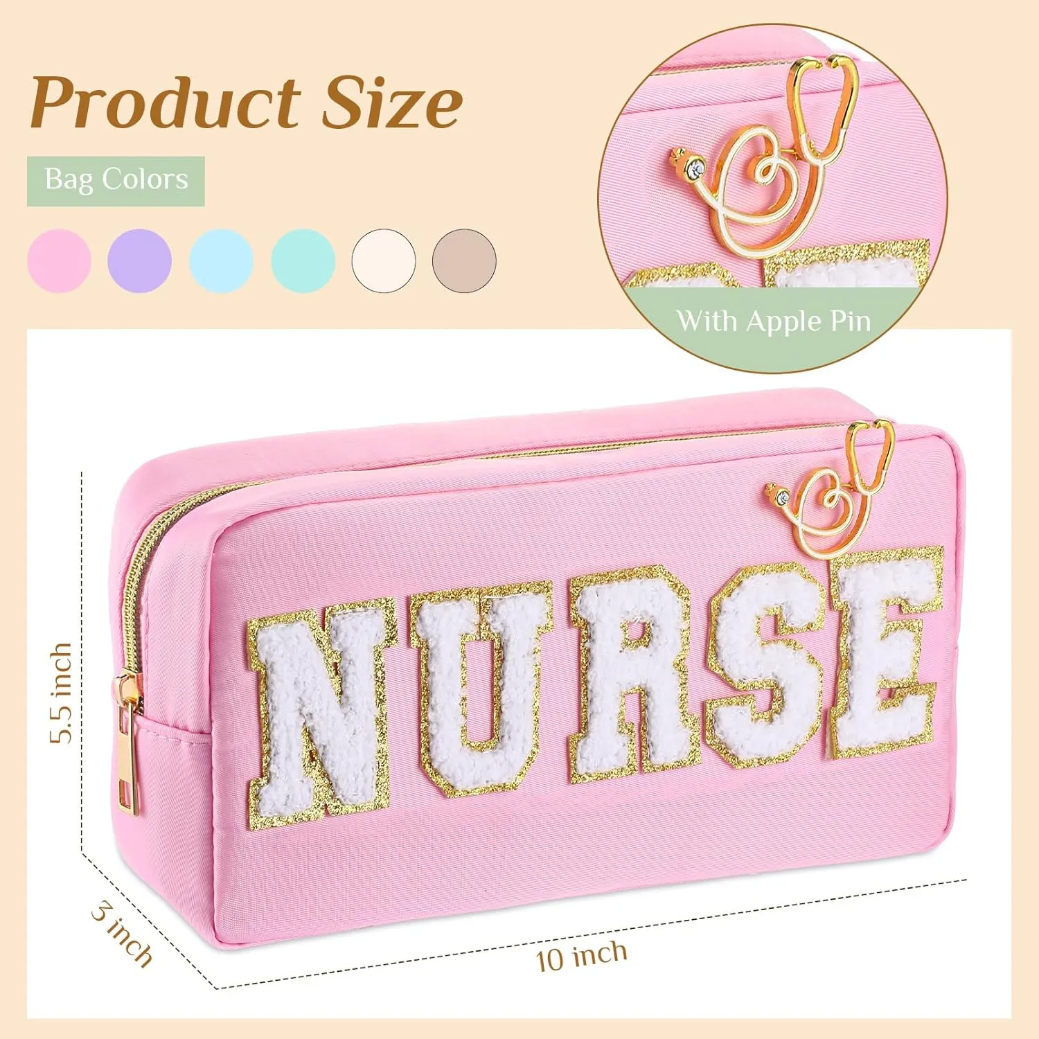 Kacctyen 6 Pcs Nurse Makeup Bag Bulk Nurse Chenille Letter Makeup Bags with 6 Pcs Nurse Pins Stethoscope Pin Nurse Appreciation Gift Preppy Patch Nylon Nurse Pouch for Work Birthday Party Gift