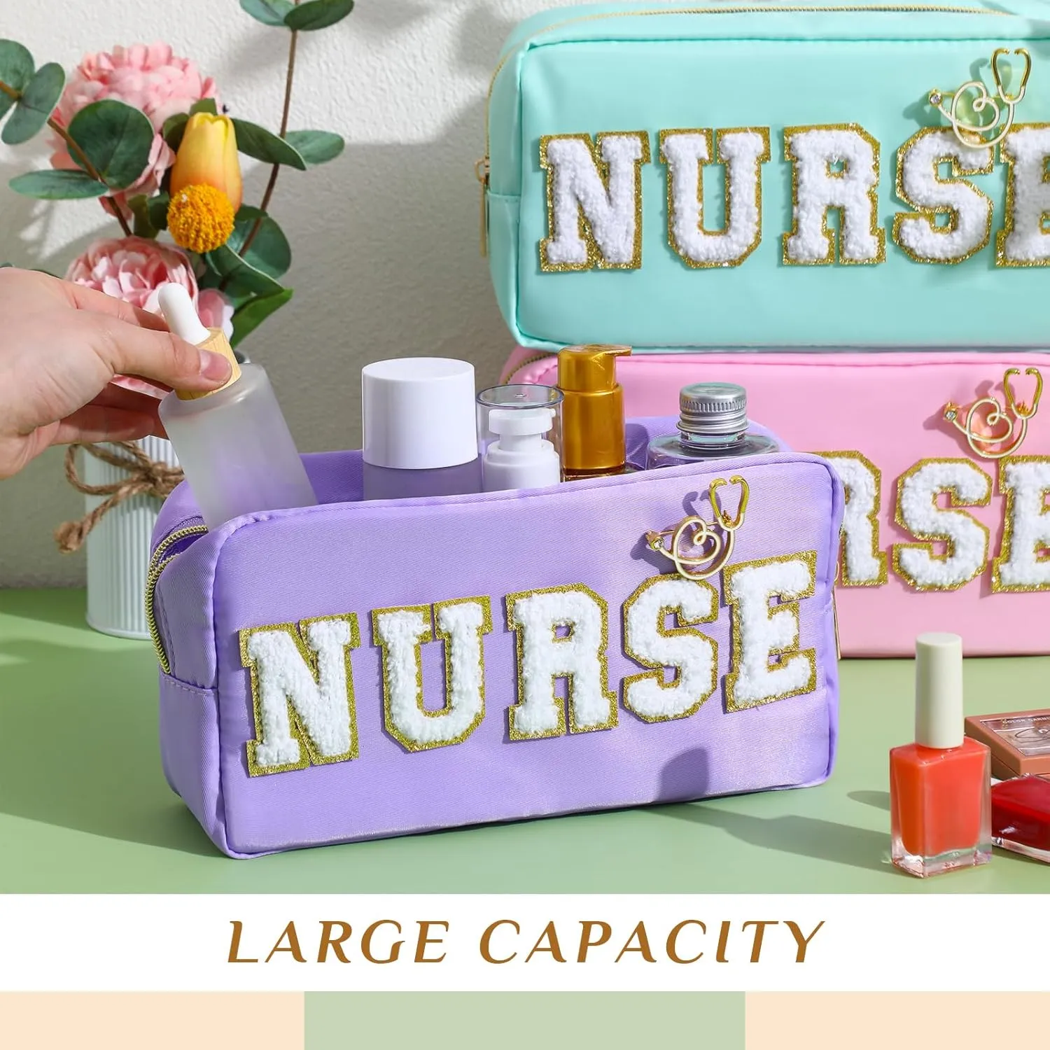 Kacctyen 6 Pcs Nurse Makeup Bag Bulk Nurse Chenille Letter Makeup Bags with 6 Pcs Nurse Pins Stethoscope Pin Nurse Appreciation Gift Preppy Patch Nylon Nurse Pouch for Work Birthday Party Gift