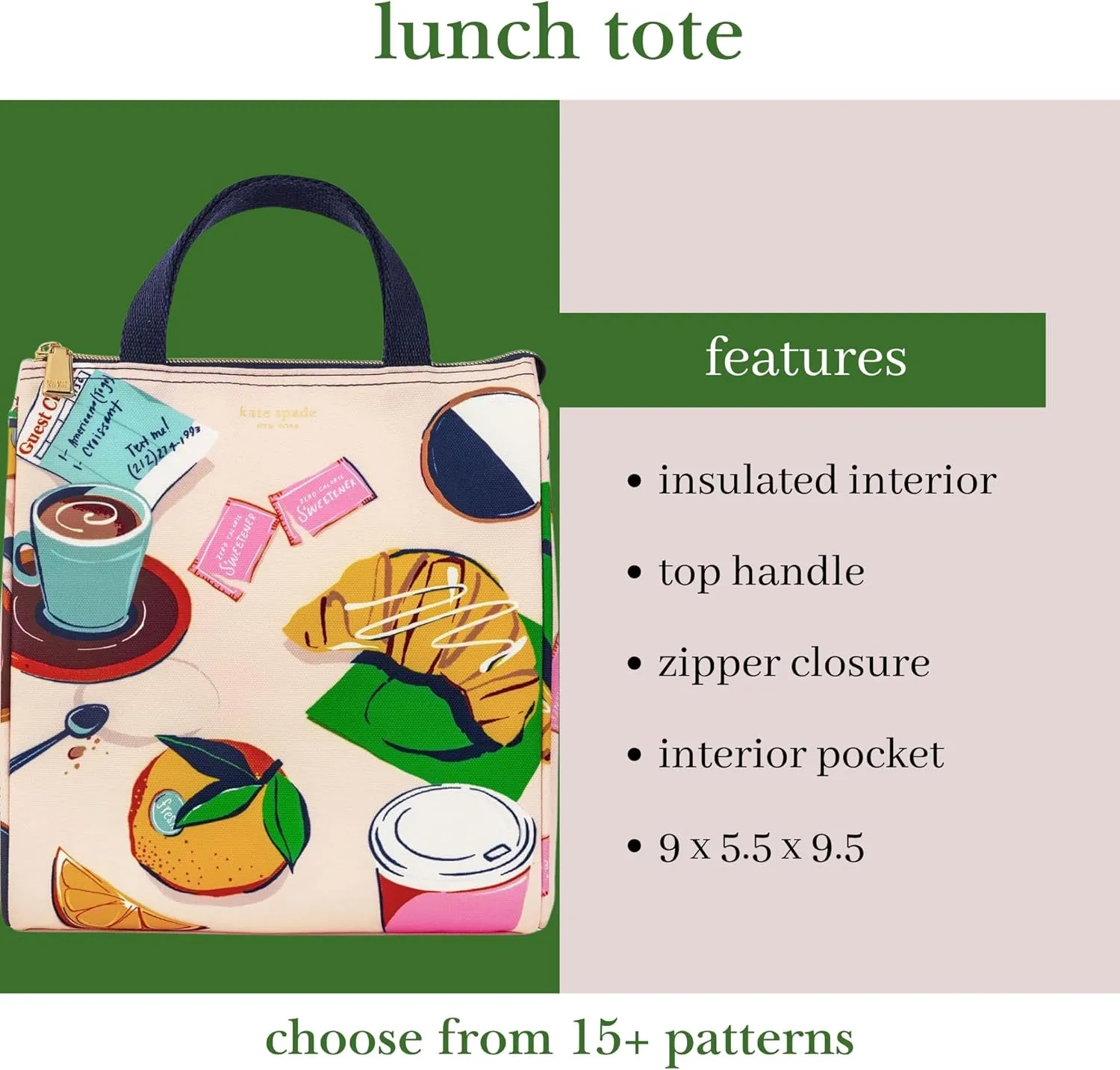 Kate Spade New York Cute Lunch Bag for Women, Large Capacity Lunch Tote, Adult Lunch Box with Silver Thermal Insulated Interior Lining and Storage Pocket, Rise and Shine