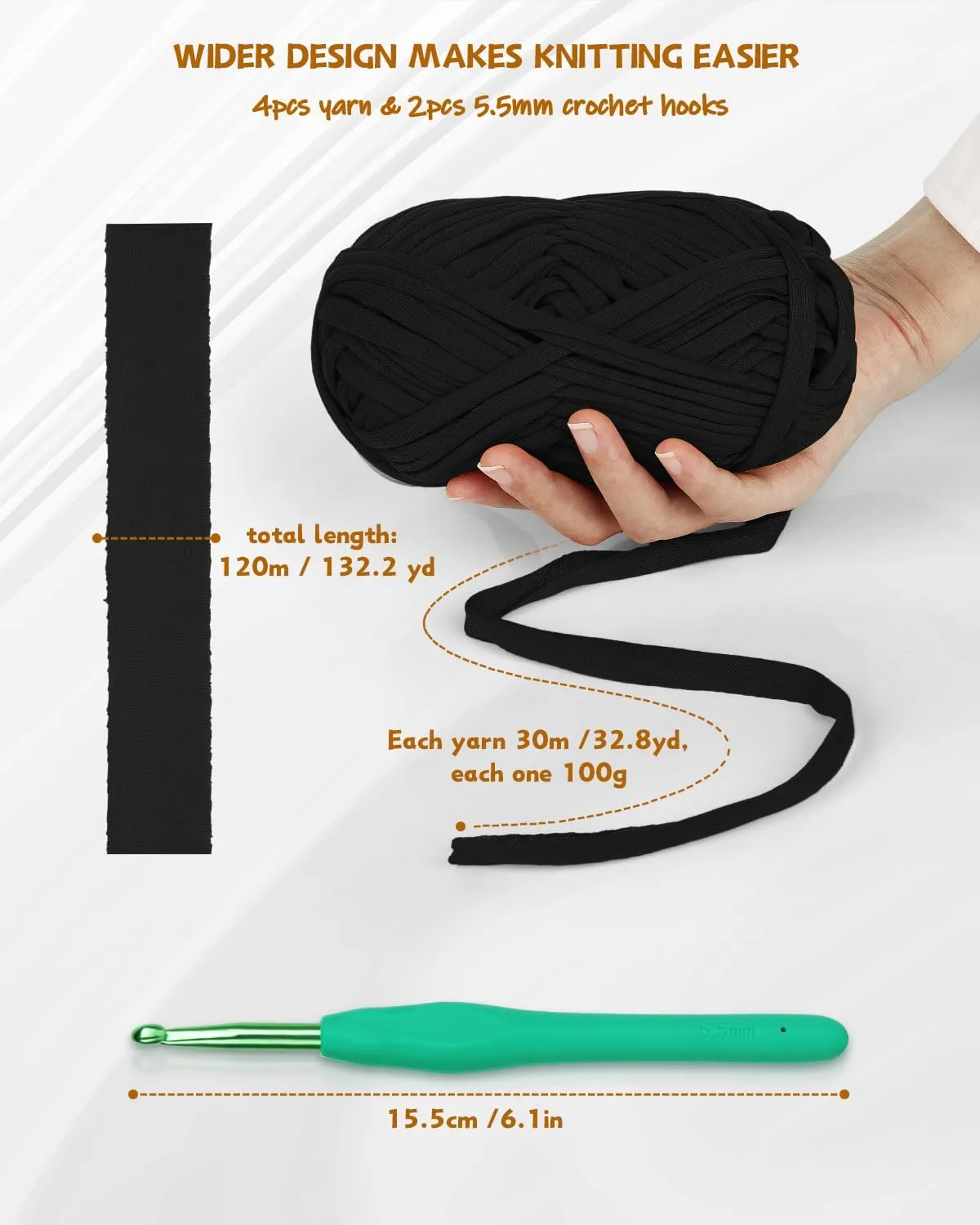 Katech 400g Black T Shirt Yarn - 130 Yards Chunky Thick Fabric for Crocheting Baskets, Hand Bag Decor - Easy to Crochet Polyester Yarn for Beginner Knitting Gifts