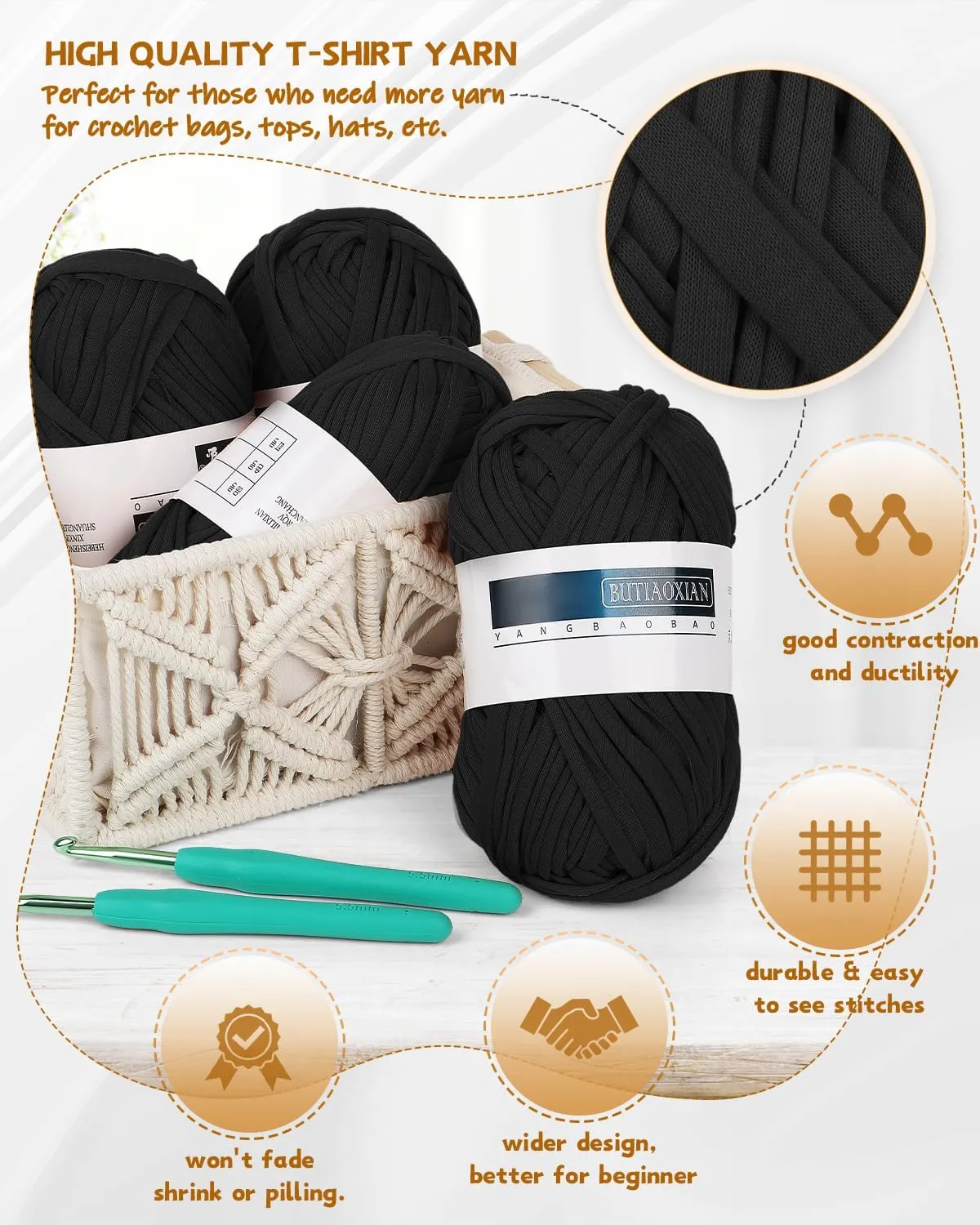 Katech 400g Black T Shirt Yarn - 130 Yards Chunky Thick Fabric for Crocheting Baskets, Hand Bag Decor - Easy to Crochet Polyester Yarn for Beginner Knitting Gifts