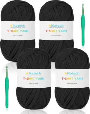 Katech 400g Black T Shirt Yarn - 130 Yards Chunky Thick Fabric for Crocheting Baskets, Hand Bag Decor - Easy to Crochet Polyester Yarn for Beginner Knitting Gifts