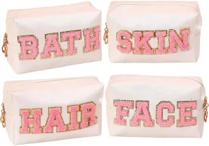 Kaxich 4 Pcs Preppy Patch Makeup Bag, Chenille Letter Cosmetic Bag with Zipper, PU Leather Toiletry Bag Skincare Bag Travel Makeup Pouch for Makeup Washing Nursing, Face Hair Skin Bath Makeup Bag