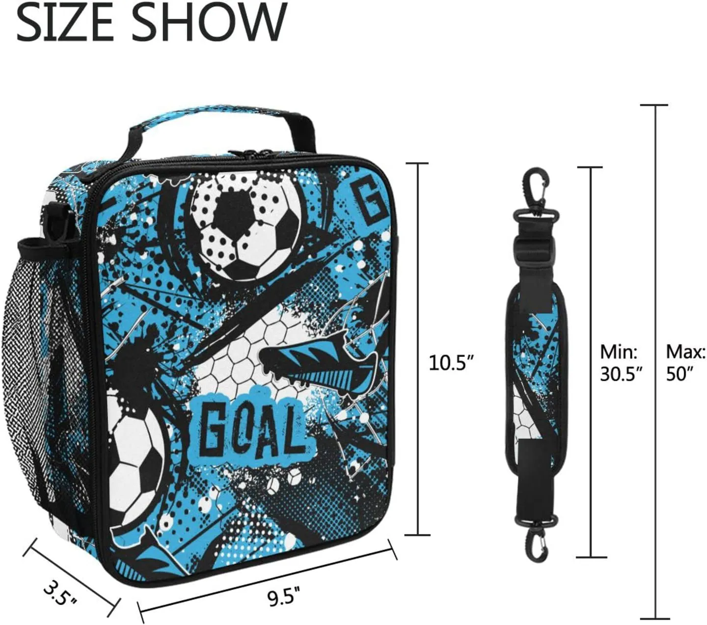 Kids Lunch Bag for Boy Girl Blue Football Soccer Insulated Lunch Box with Shoulder Strap Reusable Cooler Bags for School Picnic Beach Travel Leakproof Food Container Tote Bag