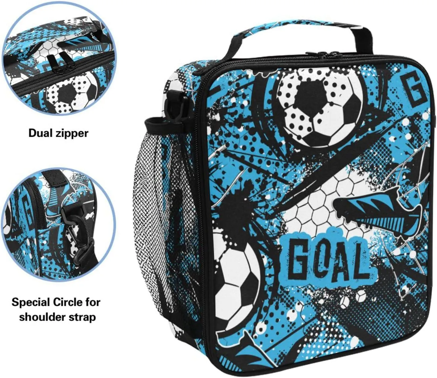 Kids Lunch Bag for Boy Girl Blue Football Soccer Insulated Lunch Box with Shoulder Strap Reusable Cooler Bags for School Picnic Beach Travel Leakproof Food Container Tote Bag