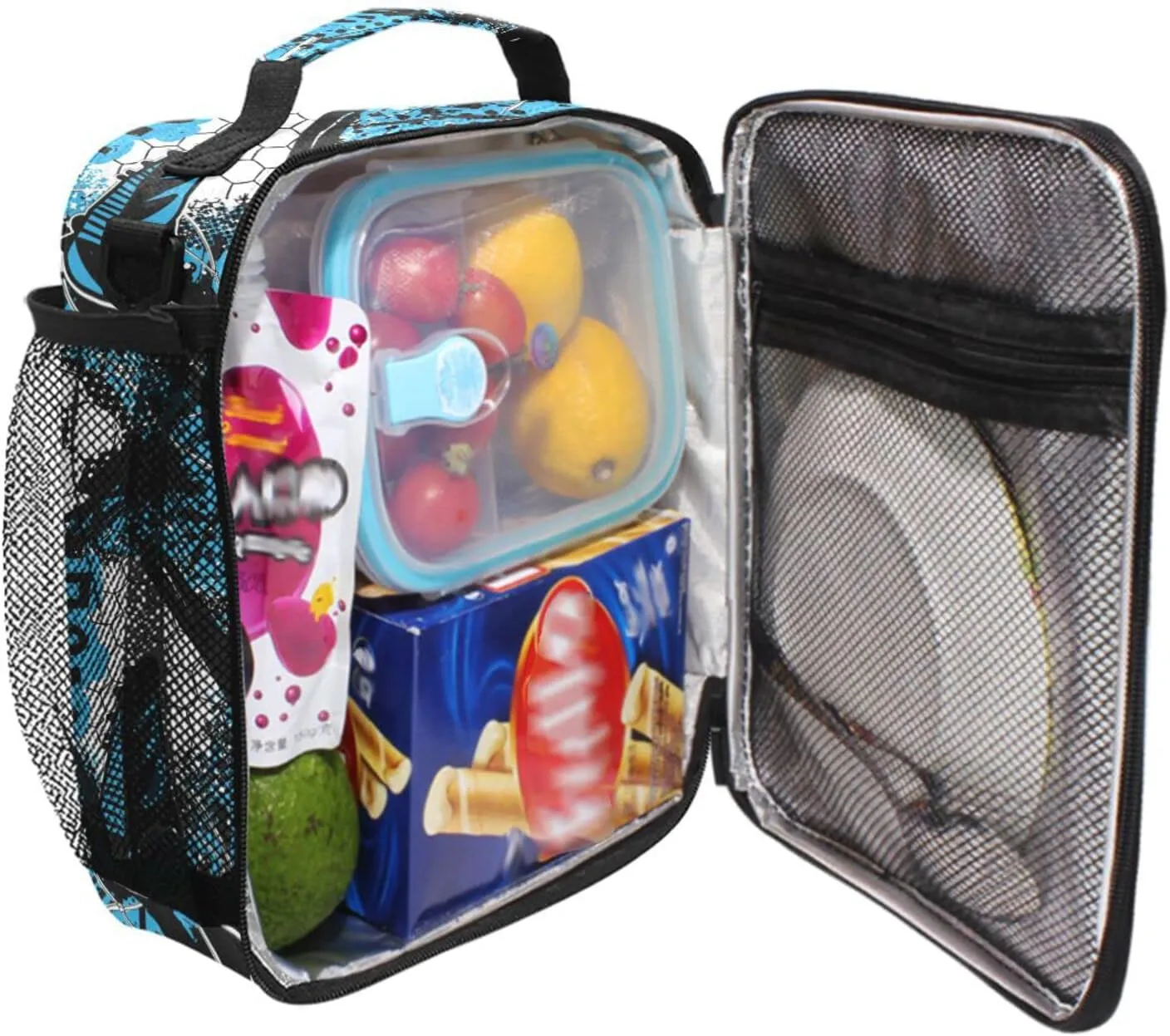 Kids Lunch Bag for Boy Girl Blue Football Soccer Insulated Lunch Box with Shoulder Strap Reusable Cooler Bags for School Picnic Beach Travel Leakproof Food Container Tote Bag