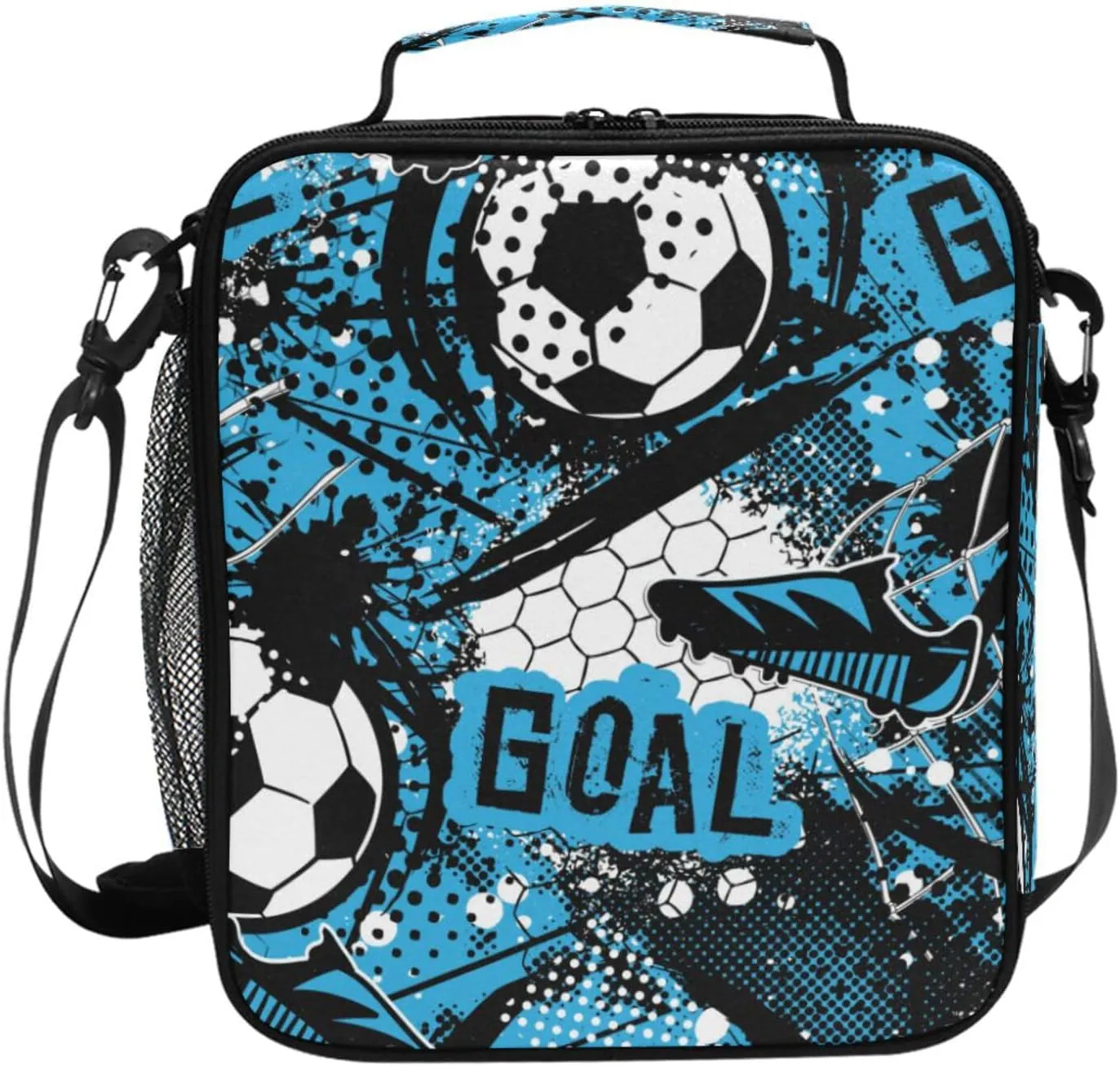 Kids Lunch Bag for Boy Girl Blue Football Soccer Insulated Lunch Box with Shoulder Strap Reusable Cooler Bags for School Picnic Beach Travel Leakproof Food Container Tote Bag