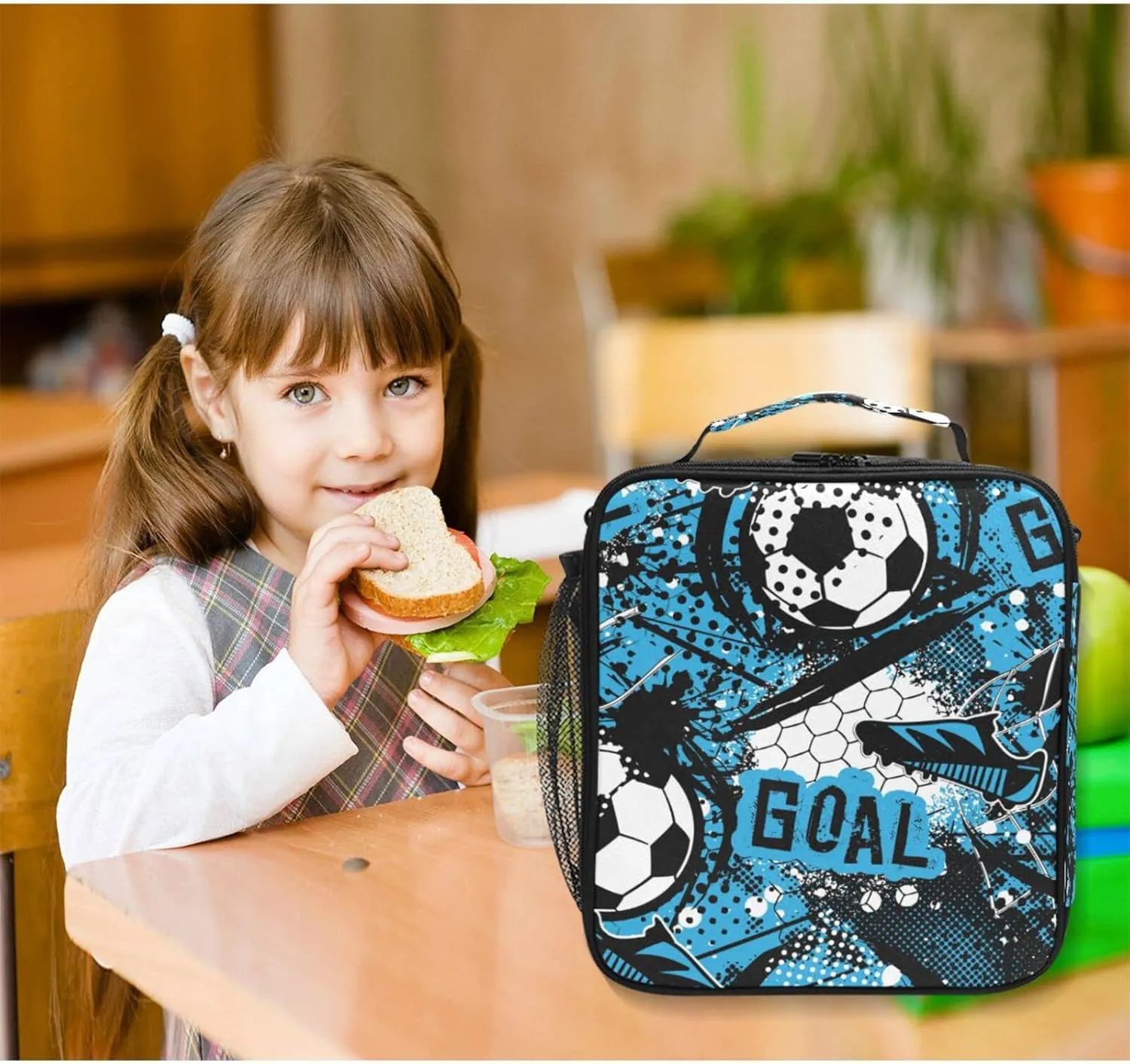 Kids Lunch Bag for Boy Girl Blue Football Soccer Insulated Lunch Box with Shoulder Strap Reusable Cooler Bags for School Picnic Beach Travel Leakproof Food Container Tote Bag