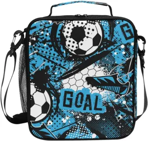 Kids Lunch Bag for Boy Girl Blue Football Soccer Insulated Lunch Box with Shoulder Strap Reusable Cooler Bags for School Picnic Beach Travel Leakproof Food Container Tote Bag