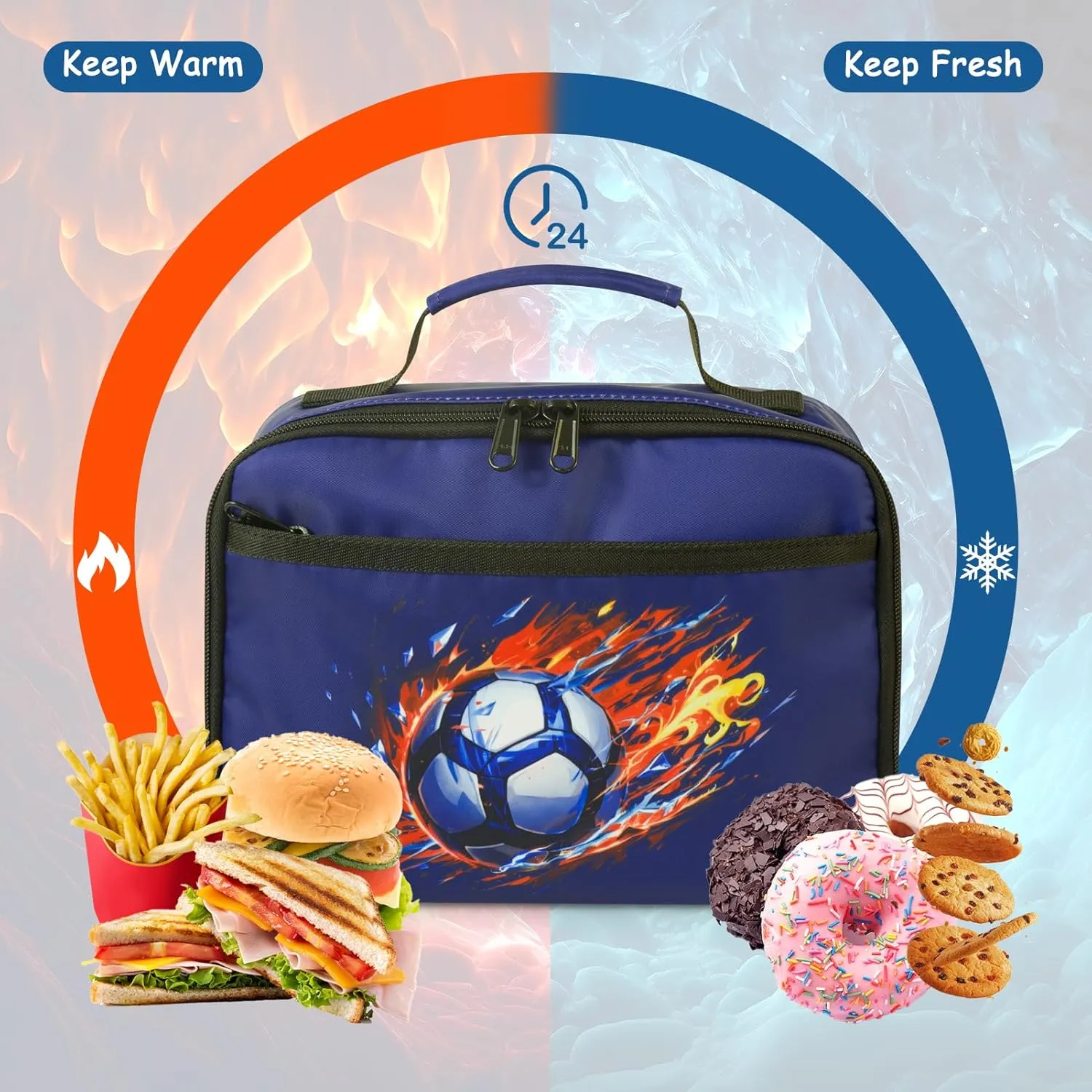 Kids Lunch Box for Boys Girls Insulated Lunch Bag Reusable Cooler Lunch Box for Toddler Child School Daycare Picnic (Soccer Ball Navy-blue)