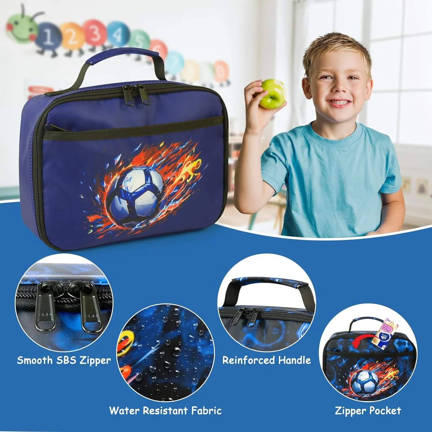Kids Lunch Box for Boys Girls Insulated Lunch Bag Reusable Cooler Lunch Box for Toddler Child School Daycare Picnic (Soccer Ball Navy-blue)