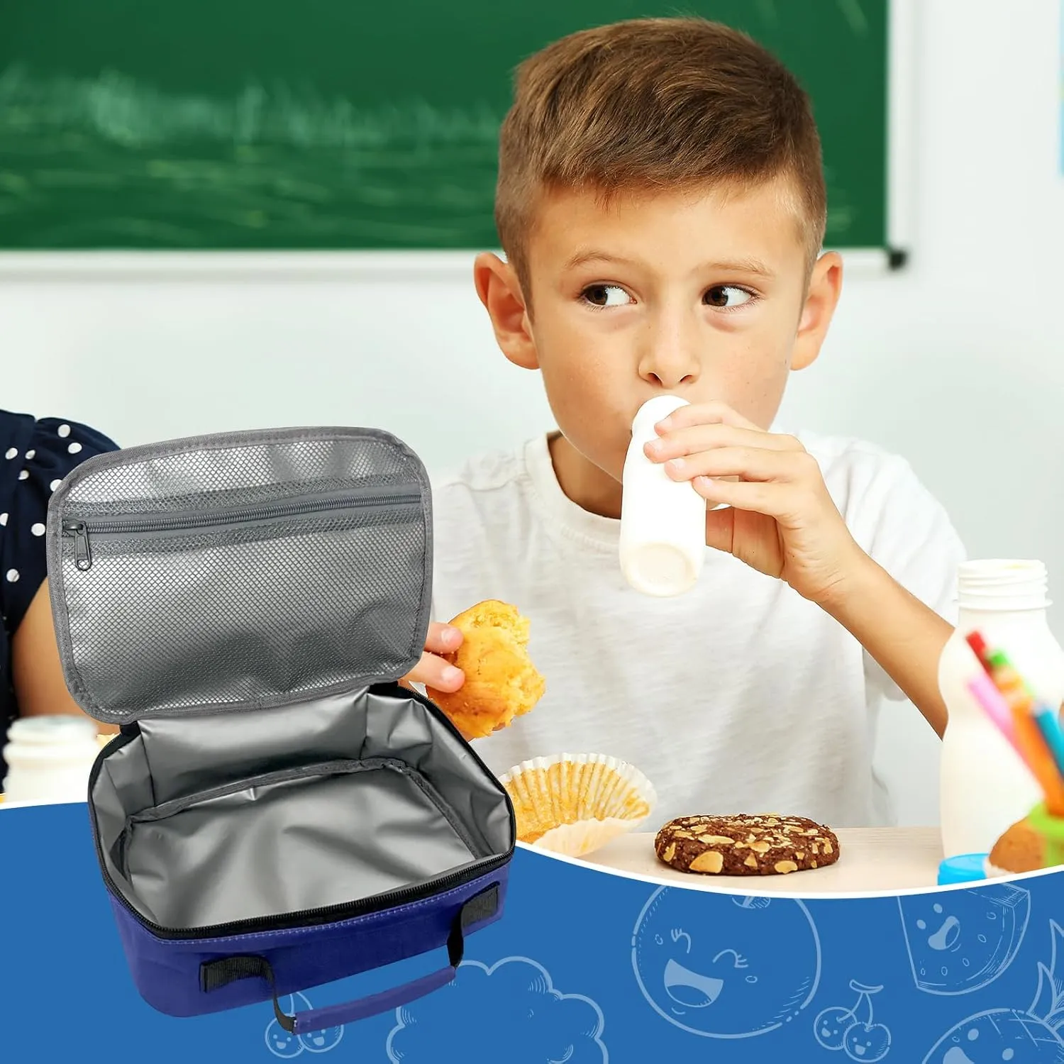 Kids Lunch Box for Boys Girls Insulated Lunch Bag Reusable Cooler Lunch Box for Toddler Child School Daycare Picnic (Soccer Ball Navy-blue)