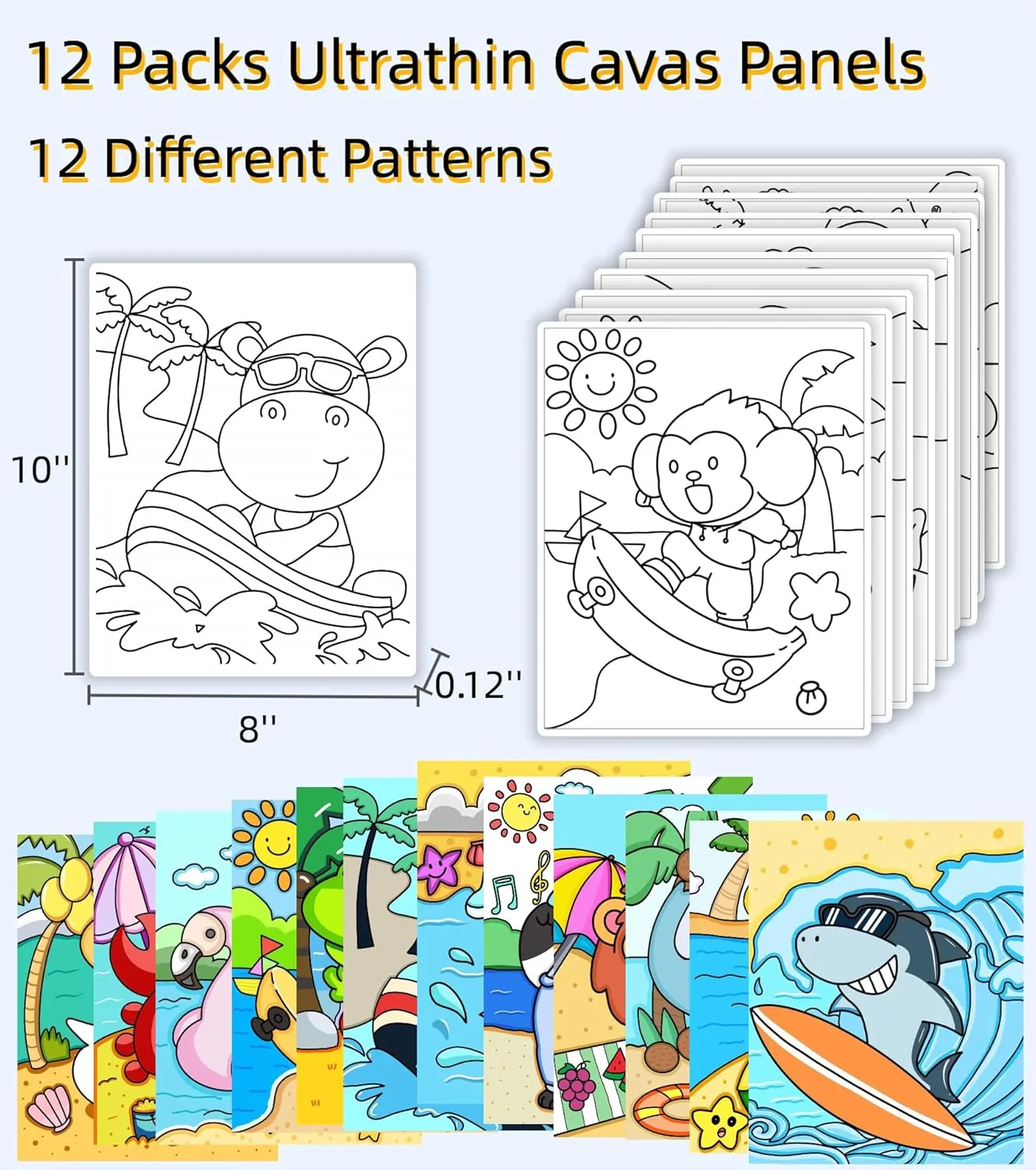 Kids Predrawn Canvas for Painting - 12 Packs 8x10 Inch Painting Canvas Panels Acrylic Paint Board for Party,Back to School and Family Time (Happy Beach)
