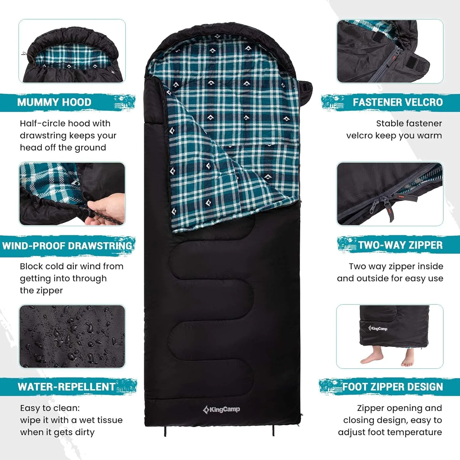 KingCamp Sleeping Bag for Adults, Cold Weather & Warm XL Big and Tall Flannel Sleeping Bags with Compression Sack Portable Waterproof Essentials Gear Accessories for Outdoor Camping