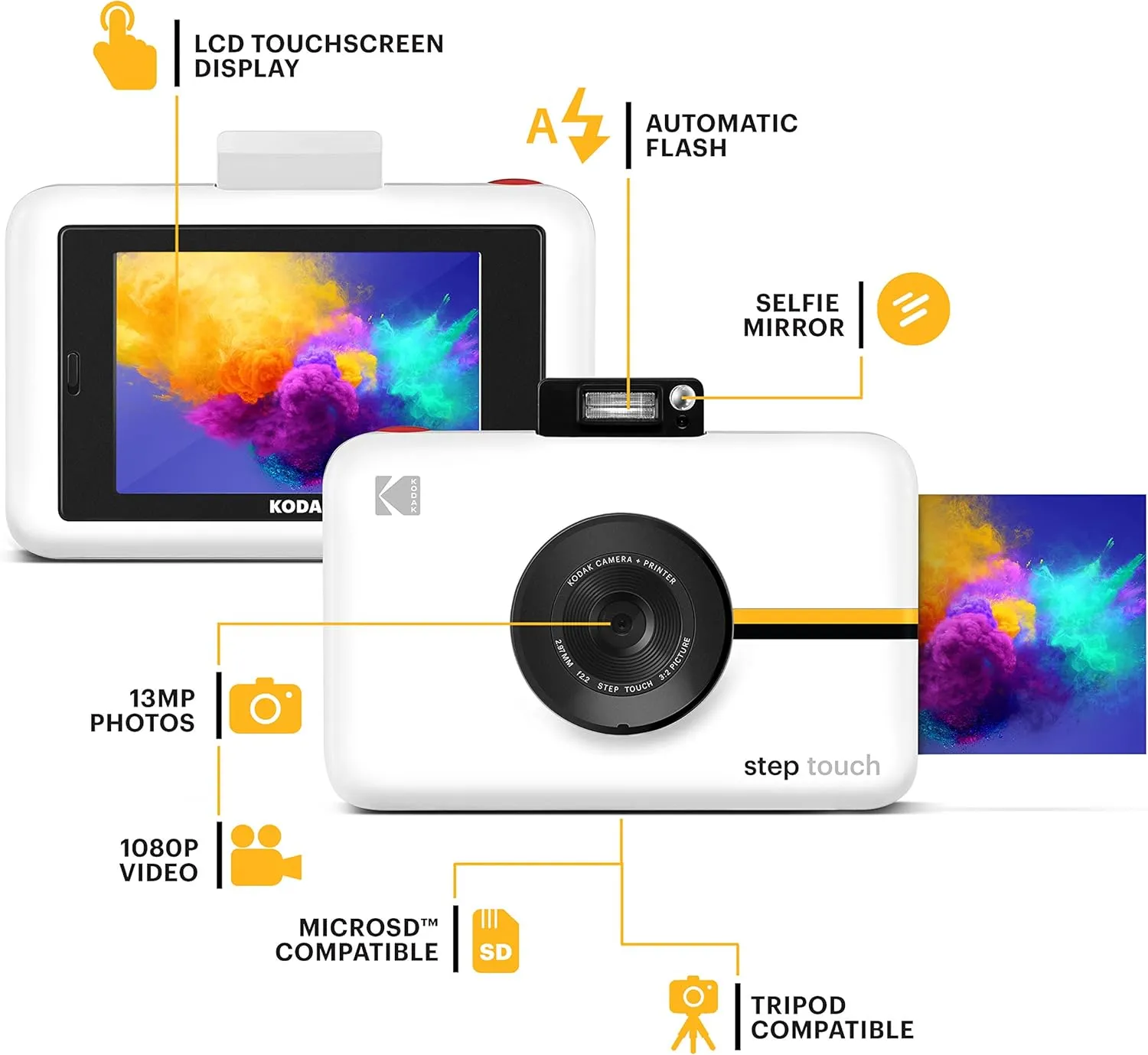 Kodak Step Touch | 13MP Digital Camera & Instant Printer with 3.5 LCD Touchscreen Display, 1080p HD Video - Editing Suite, Bluetooth & Zink Zero Ink Technology | White