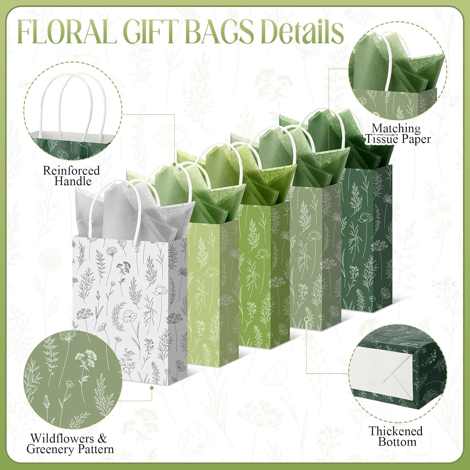 Kolldenn 50 Pcs 8" Floral Gift Bags with Tissue Paper Party Favor Thank You Flower Gift Bags with Handle for Wedding Bridal Showers Birthdays Baby Showers Mother's Day Graduations(Green)