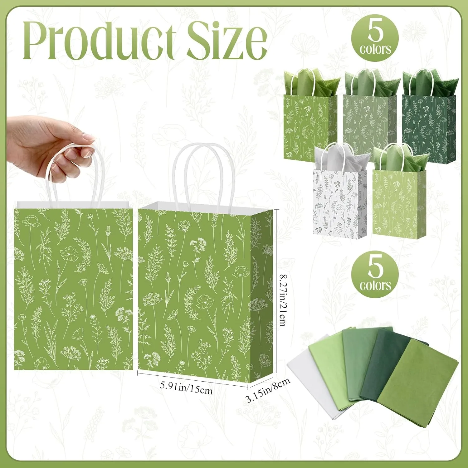 Kolldenn 50 Pcs 8" Floral Gift Bags with Tissue Paper Party Favor Thank You Flower Gift Bags with Handle for Wedding Bridal Showers Birthdays Baby Showers Mother's Day Graduations(Green)
