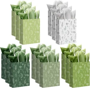Kolldenn 50 Pcs 8" Floral Gift Bags with Tissue Paper Party Favor Thank You Flower Gift Bags with Handle for Wedding Bridal Showers Birthdays Baby Showers Mother's Day Graduations(Green)