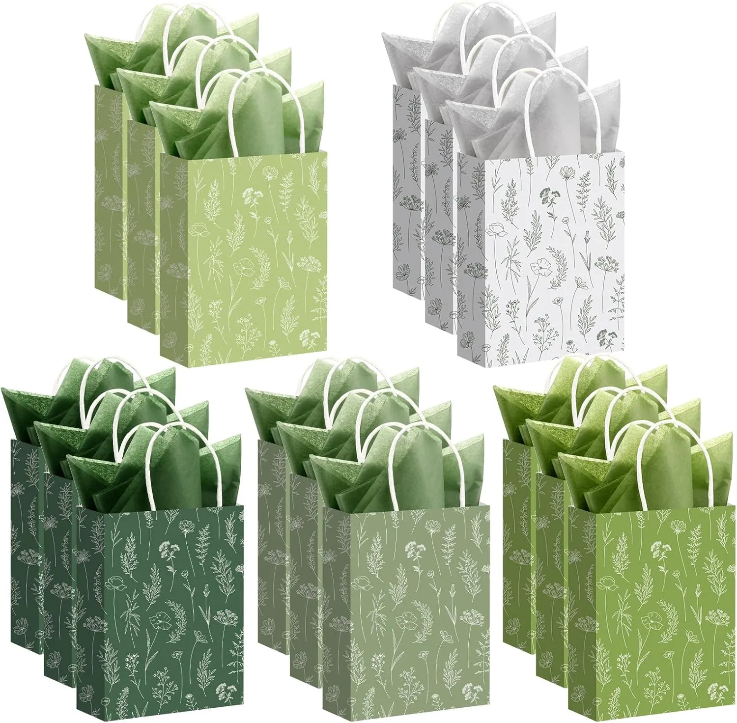 Kolldenn 50 Pcs 8" Floral Gift Bags with Tissue Paper Party Favor Thank You Flower Gift Bags with Handle for Wedding Bridal Showers Birthdays Baby Showers Mother's Day Graduations(Green)