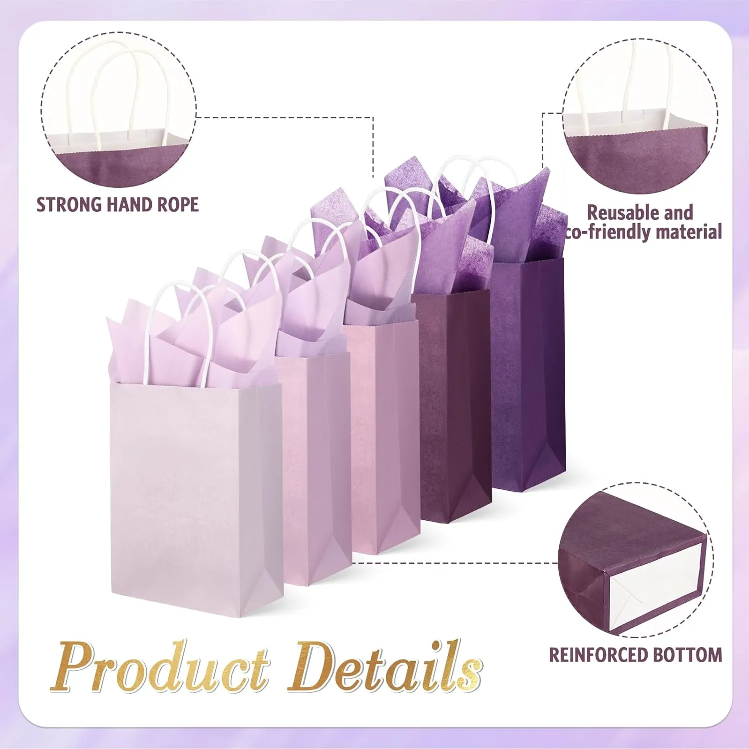 Kolldenn 50 Set Gradient Purple Gift Bags Wedding Party Favor Bags with Tissue Paper 8.27 x 5.91 x 3.15 Inch Small Purple Paper Bags with Handles Thank You Gift for Bridal Shower Wedding Baby Shower
