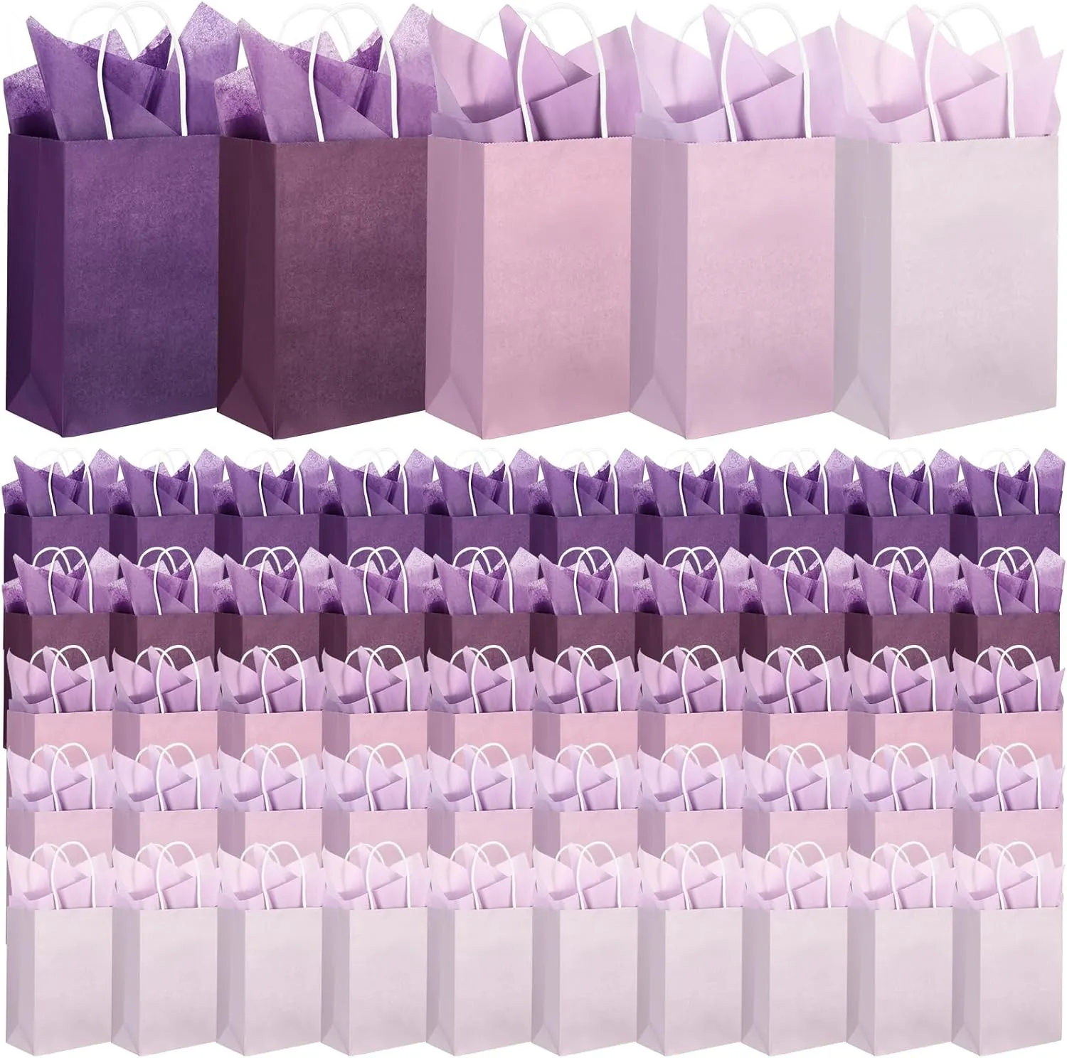 Kolldenn 50 Set Gradient Purple Gift Bags Wedding Party Favor Bags with Tissue Paper 8.27 x 5.91 x 3.15 Inch Small Purple Paper Bags with Handles Thank You Gift for Bridal Shower Wedding Baby Shower