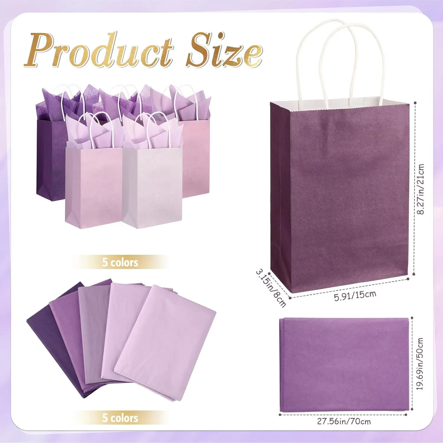Kolldenn 50 Set Gradient Purple Gift Bags Wedding Party Favor Bags with Tissue Paper 8.27 x 5.91 x 3.15 Inch Small Purple Paper Bags with Handles Thank You Gift for Bridal Shower Wedding Baby Shower
