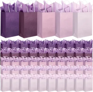 Kolldenn 50 Set Gradient Purple Gift Bags Wedding Party Favor Bags with Tissue Paper 8.27 x 5.91 x 3.15 Inch Small Purple Paper Bags with Handles Thank You Gift for Bridal Shower Wedding Baby Shower