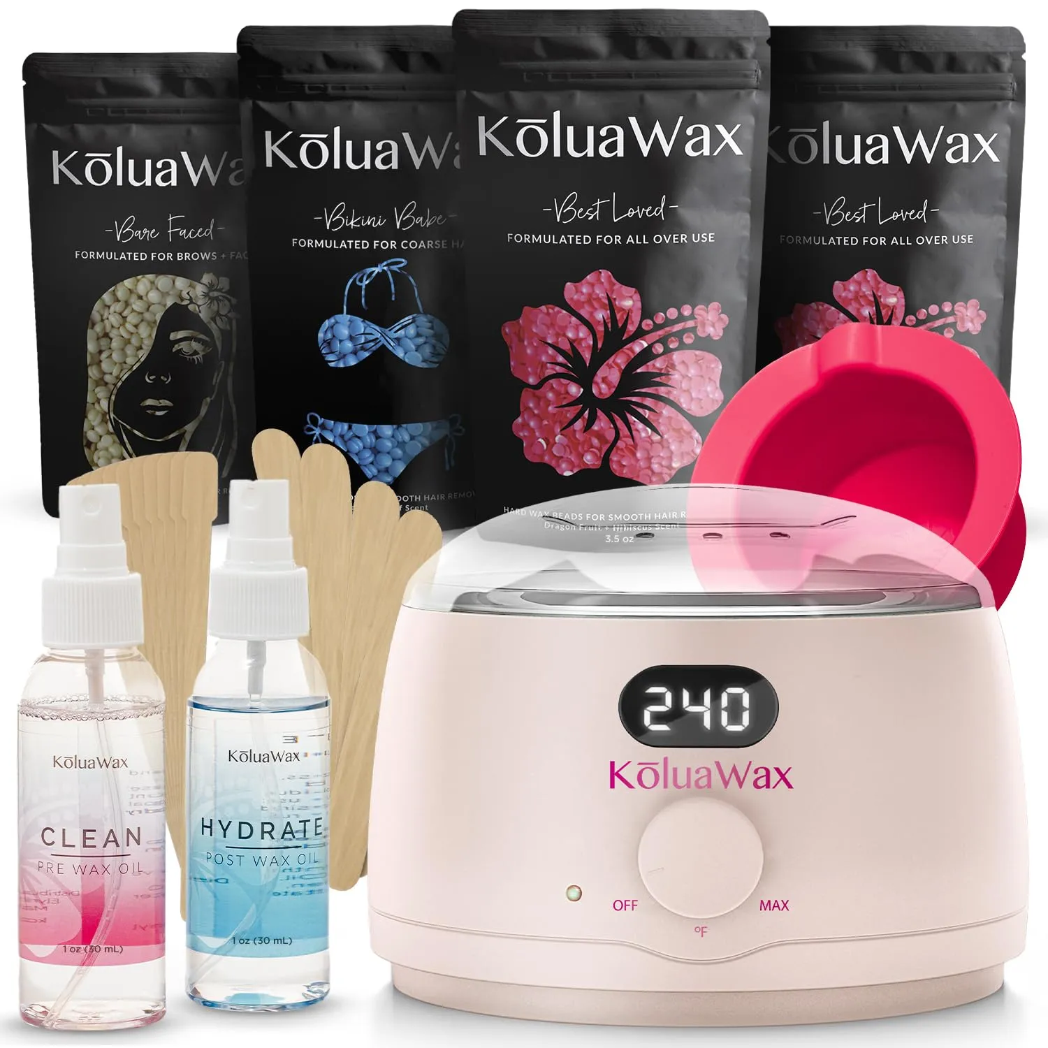 KoluaWax Premium Waxing Kit for Women - Hot Melt Warmer for Hair Removal, Eyebrow, Bikini, Legs, Face, Brazilian & More - Machine   4-Pack Hard Beads   Accessories, Blush