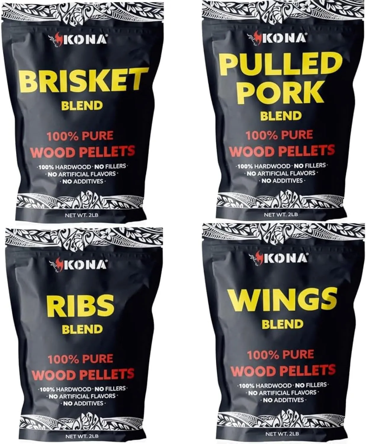Kona Wood Pellets Brisket, Ribs, Wings,and Pulled Pork Blend Variety Pack, Intended for Ninja Woodfire Outdoor Grill, Wood Fire Oven, 4, 2lb Resealable Bags