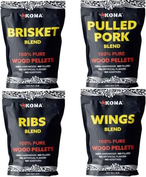 Kona Wood Pellets Brisket, Ribs, Wings,and Pulled Pork Blend Variety Pack, Intended for Ninja Woodfire Outdoor Grill, Wood Fire Oven, 4, 2lb Resealable Bags