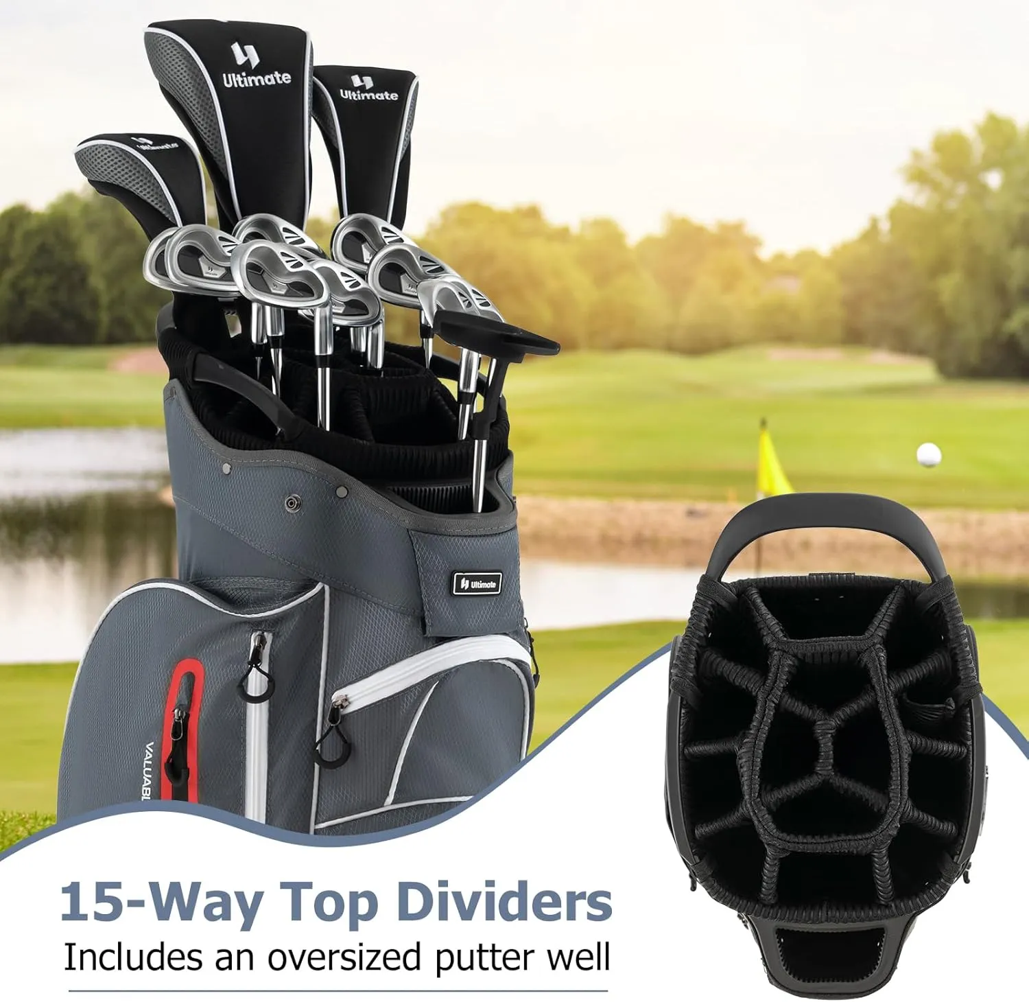 KOTEK Golf Cart Bag, 15 Way Organizer Divider Top with Putter Well, Cart Golf Bag with 7 Pockets, Cooler Bag, Rain Hood, Handles & Adjustable Dual Shoulder Strap, Golf Club Bag for Men & Women