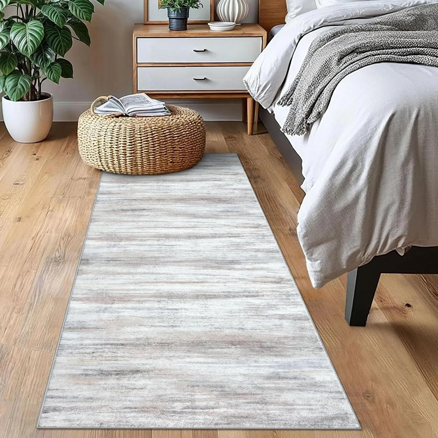 KOZYFLY Modern Abstract Kitchen Runner Rug, 2x6 Washable Rug Runner Non-Slip Soft Striped Hallway Runner Rugs, Beige Print Distressed Carpet Runner for Entryway Bathroom Laundry Room Foyer