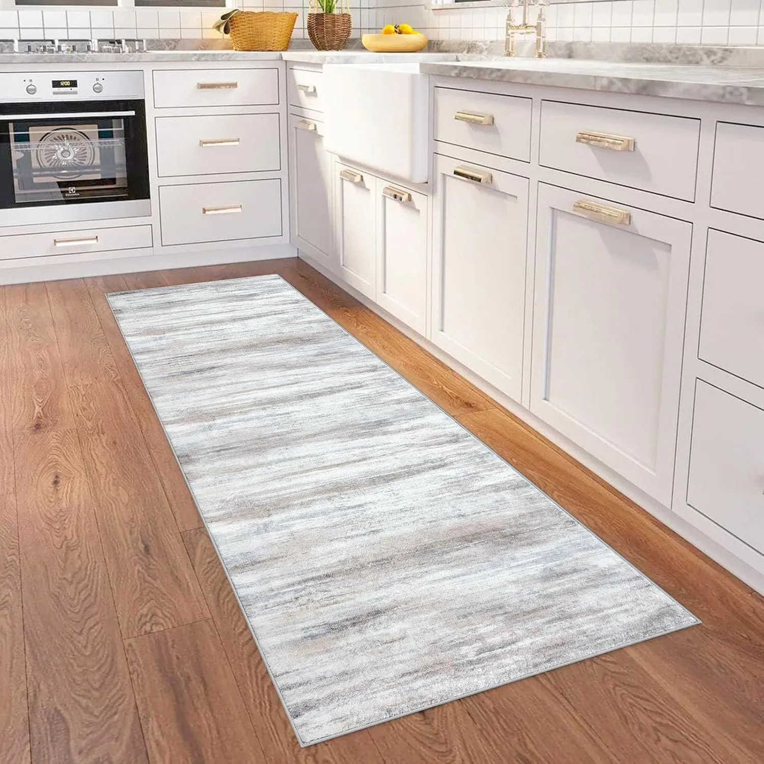 KOZYFLY Modern Abstract Kitchen Runner Rug, 2x6 Washable Rug Runner Non-Slip Soft Striped Hallway Runner Rugs, Beige Print Distressed Carpet Runner for Entryway Bathroom Laundry Room Foyer